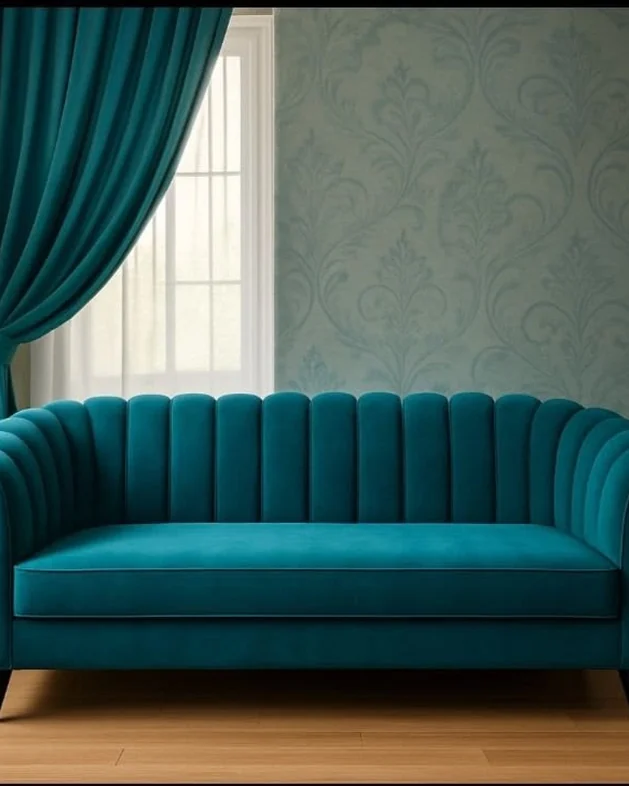 Teal velvet three-seater sofa with a channel-tufted back.