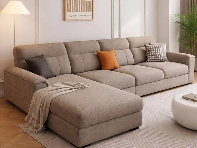 Taupe L-shape sofa with a deep chaise and a throw.