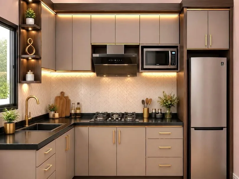 L-shaped modular kitchen in warm cream with a black counter.