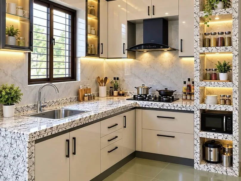 Modular kitchen with open shelving, a chimney and tall storage.