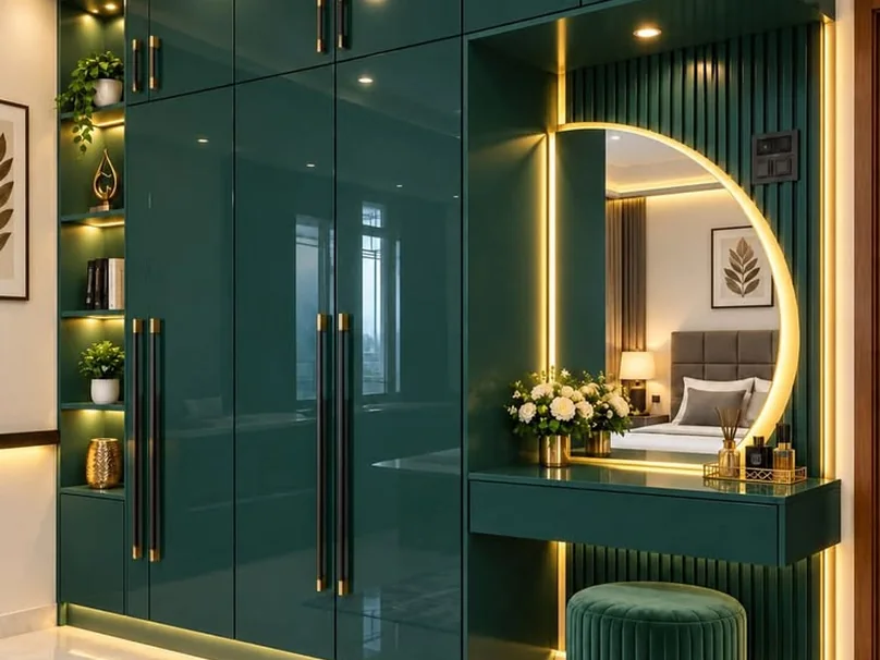 Deep green wardrobe with a round backlit mirror and dresser.