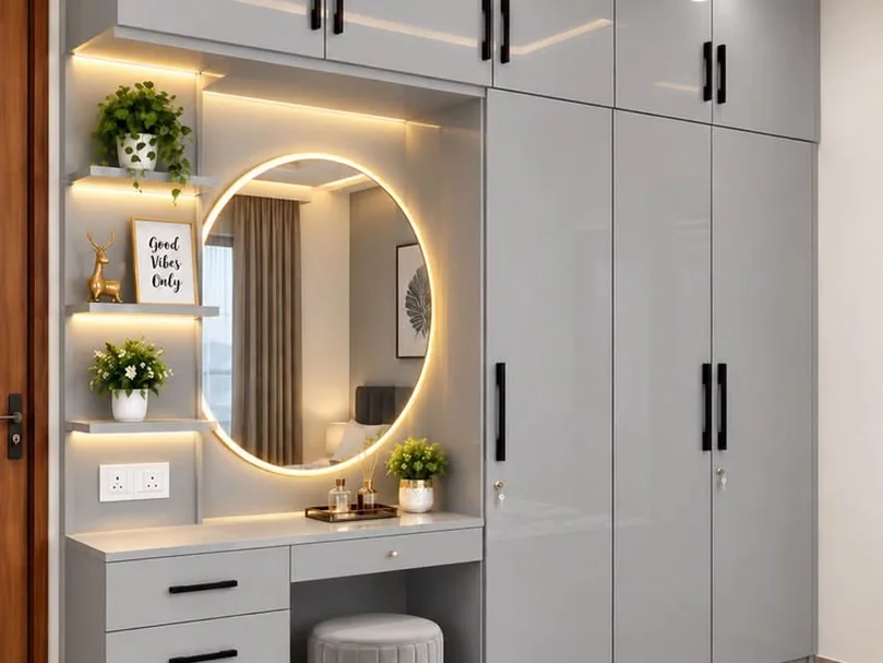 Grey and white wardrobe wall with an integrated dressing table.