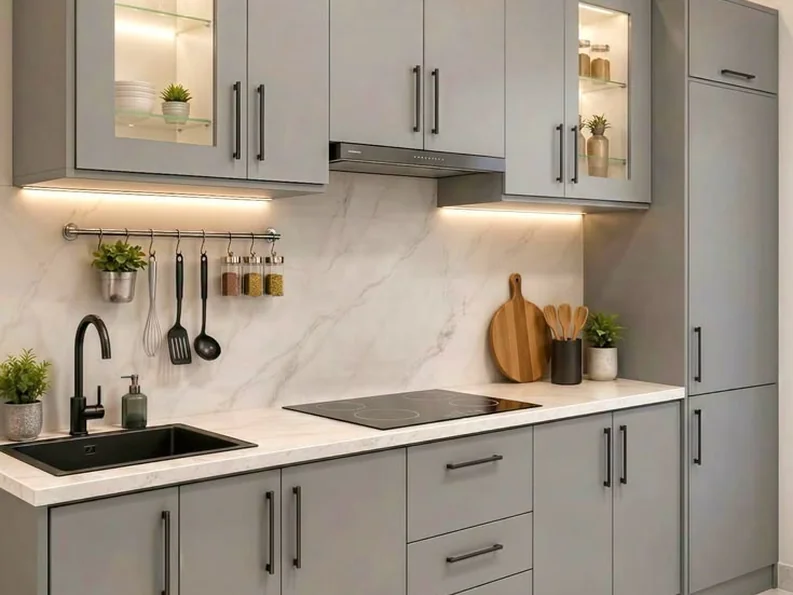 Modular kitchen in grey and white with an undermount sink.