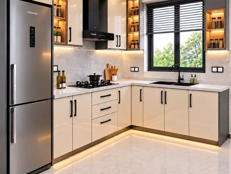 Cream modular kitchen with a chimney, tall unit and window.