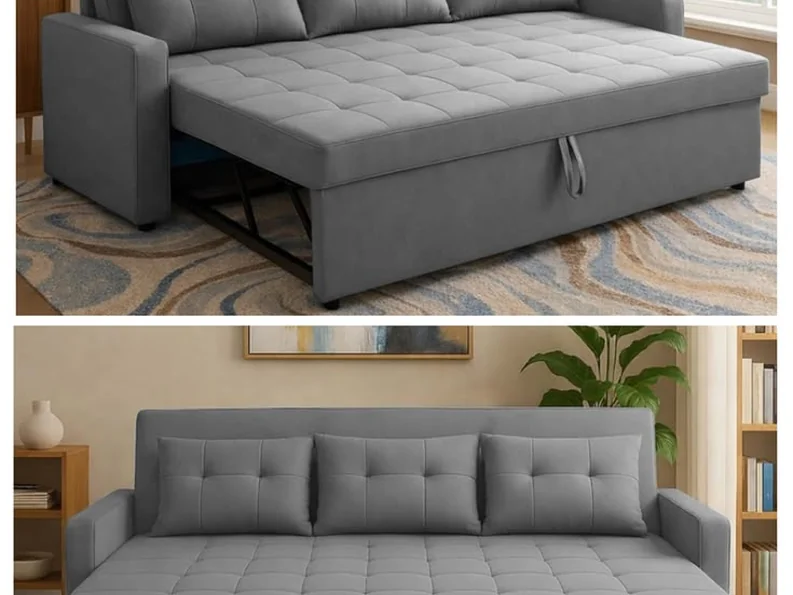 Grey sofa-cum-bed shown closed and opened out.